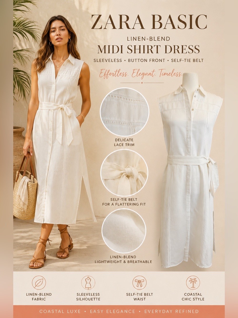 Zara Basic Linen Blend Midi Shirt Dress XS White Belted Coastal Resort Vacation